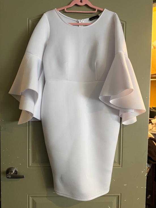 Viva Curry Dresses & Skirts - White Midi Sheath Dress with Dramatic Ruffle Sleeves